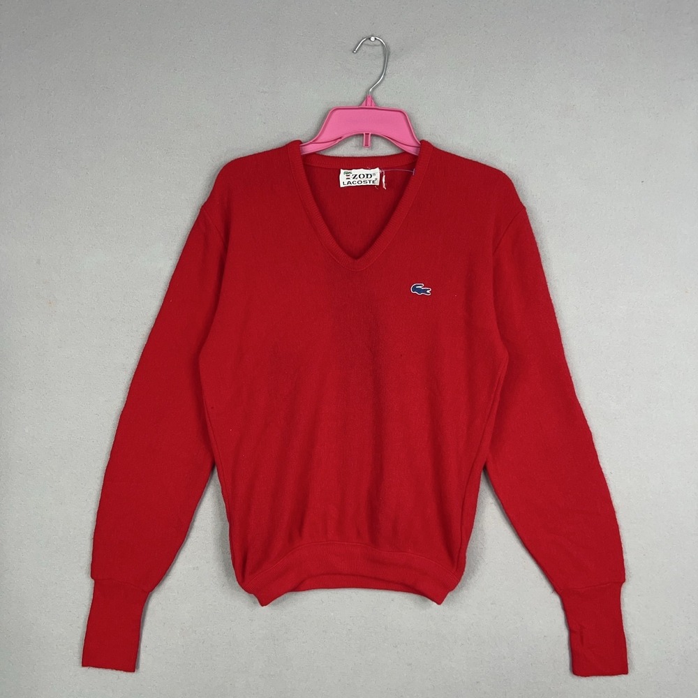 Vintage Izod Lacoste Sweater Mens Medium Red V Neck Pullover Preppy Layer 80s